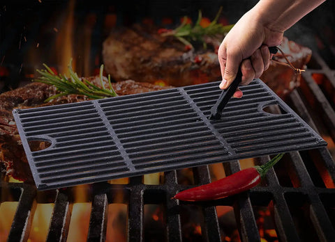 Cast Iron Grill Grid Lifter lifting hot grill grate over charcoal fire, demonstrating safe handling with 8 Inch Long Universal Barbecue Grate Lifter.