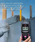 Stud Finder Wall Scanner - Multifunctional Metal and Pipe Detector held against wall showing wires and studs.