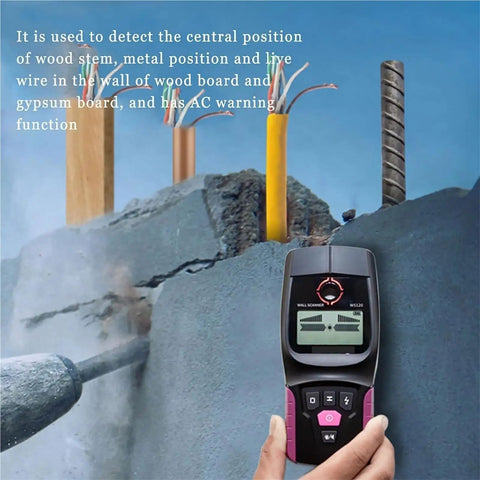 Stud Finder Wall Scanner - Multifunctional Metal and Pipe Detector held against wall showing wires and studs.