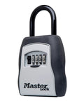Black key lock box for house keys outdoor portable lockbox with resettable four digit code, weather resistant metal body, close-up view.
