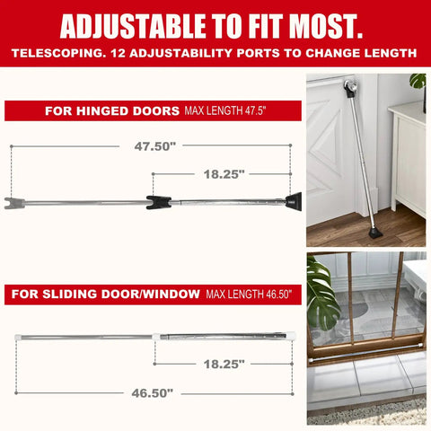 3 In 1 Door Security Bar For Home, Apartment, And Travel, Heavy Duty Adjustable Lock Bar, shown in different door types
