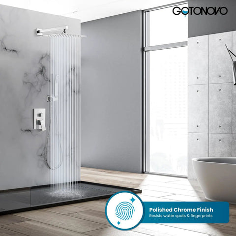 12 Inch Rainfall Shower Head And Wall Mounted Shower System With Solid Brass Pressure Balancing Valve And Handheld Handle, Chrome Finish