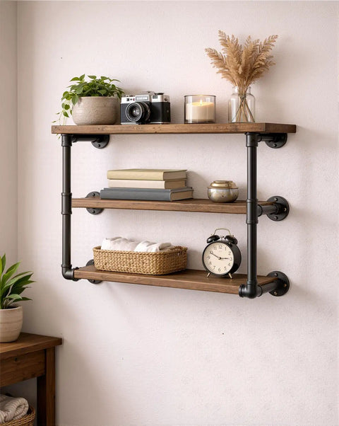 Steampunk shelf using 10 Pack Black Malleable Iron Pipe Nipples Three Quarters Inch By Four Inch Threaded Both Ends For DIY Projects