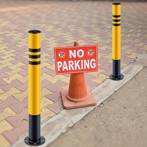 Rock Solid Galvanized Steel Parking Bollards With Concrete Anchors 29.5 X 3 Inch Heavy Duty Safety Posts near a no parking sign.