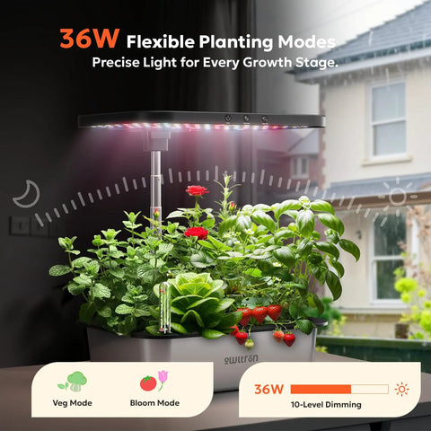 Indoor Hydroponics Growing System Kit With 15 Pods, 36W Full Spectrum LED Grow Light in operation, plants flourishing.