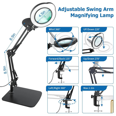 Adjustable swing arm hands free magnifying lamp 15X/30X with base and clamp, showing angle and height adjustments for close work.