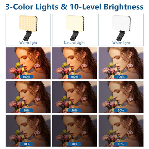 Different lighting modes of 60 LED Portable Selfie Light With Clip On And Tripod Adapter Rechargeable 2200mAh High CRI 97 Plus