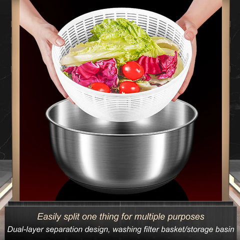 Kickass Electric Salad Spinner With Slick Usb Rechargeable Motor Stainless Steel Bowl For Crispy Greens And Fresh Fruit Hassle Free Cordless Kitchen Game Changer You Will Love, showing dual-layer design with white basket and stainless steel bowl.