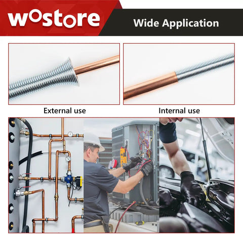 Wostore 5-Inch Tube Bender Set Fits 1/4-3/4 Inch Copper Piping shown in various internal and external HVAC applications.