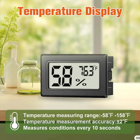 Six Pack Mini Hygrometers For Indoor Humidity And Temperature, Digital Thermometer Monitor With Clear LCD Display, 2 In 1 Sensor, Perfect For Home Office Greenhouse, Easy Readings. Black mini hygrometer showing 58% humidity and 76.3°F