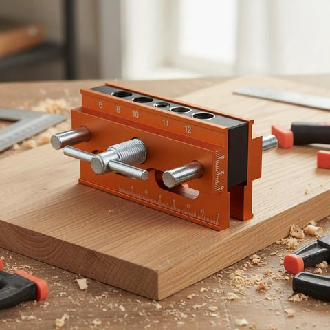 Vertical Hole Opener Dowel Jig Drill Guide Clamp Alloy Body Extended Model for precise hole alignment on wood.