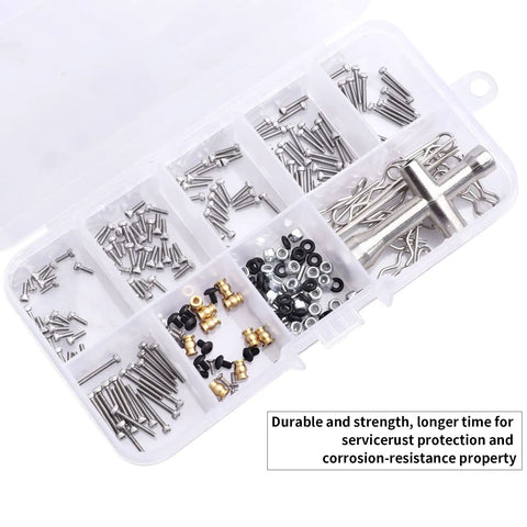 Plastic box with 276 Piece RC Screw Kit And Repair Tool Set For Axial SCX24 1/24 Crawler Trucks And Other Mini RCs.