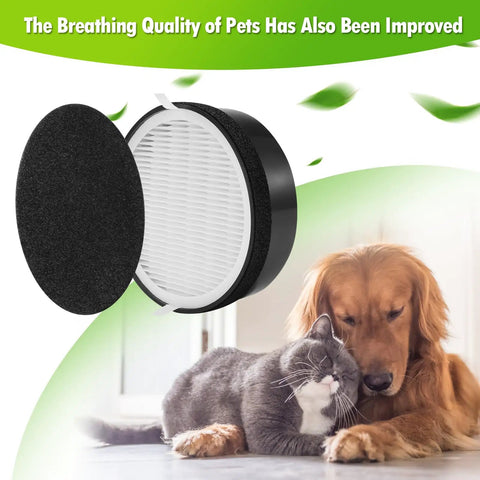 3 Pack Replacement Air Filter Set For Levoit LV-132 Air Purifier With HEPA Filters And Activated Carbon Pre Filters next to pets