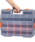 Built Tough 34 Compartments Toolbox Organizer Set With 20 Removable Dividers For Screws Nuts And Small Parts Clear Lid Black And Orange Plastic Case