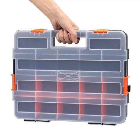 Built Tough 34 Compartments Toolbox Organizer Set With 20 Removable Dividers For Screws Nuts And Small Parts Clear Lid Black And Orange Plastic Case