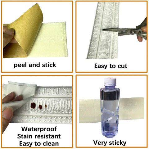 Peel And Stick Crown Molding Border 3D Foam Wall Base Moulding Trim Self Adhesive Vinyl Baseboard White, 2 Pack, being applied and cut.