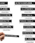 Built Tough Metal Magnetic Tool Box Labels Set for Heavy Duty Tool Chests with various labels and dimensions shown