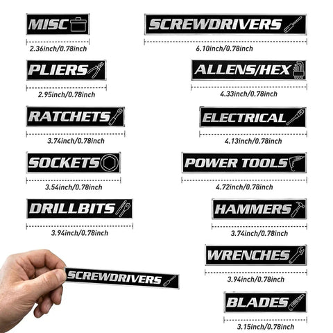 Built Tough Metal Magnetic Tool Box Labels Set for Heavy Duty Tool Chests with various labels and dimensions shown