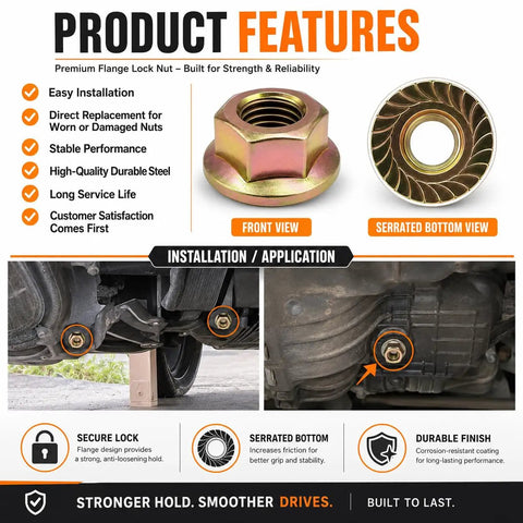 50 Piece M10-1.25 Exhaust Flange Nuts Straight Up Top Shelf Locked Serrated Hardware for Honda Acura Toyota showing front and bottom views.