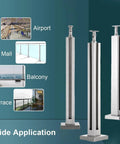 Stainless steel safety posts displayed for balcony, terrace, mall, and airport applications showcasing wide use.