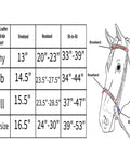 Size chart and diagram for Everyday Raised Fancy Stitched Leather English Schooling Bridle With Laced Reins.