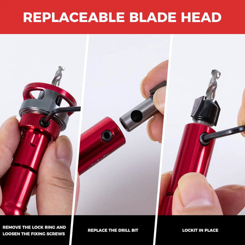 9 Piece Countersink Drill Bit Set With Two Flute TCT Alloy Tapered Bits And Wrench, showing replaceable blade head