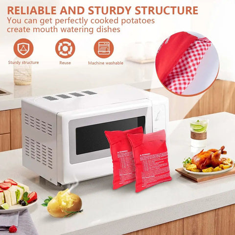 Two Pack Microwave Potato Bags Reusable Baked Potato Pouches Red For Potatoes Corn On The Cob Bread And More Durable High Heat Kitchen Must Have Quick Even Heating For Fast Dinners next to a microwave on a kitchen counter