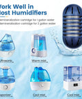 Demineralization Cartridge Pack For Ultrasonic Humidifiers 16 Pack next to various compatible humidifier types including ultrasonic.