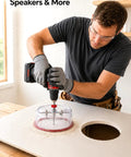 Man using Heavy Duty Adjustable Hole Saw Cutter Kit Twin Blade Drywall Tool for creating holes in drywall.