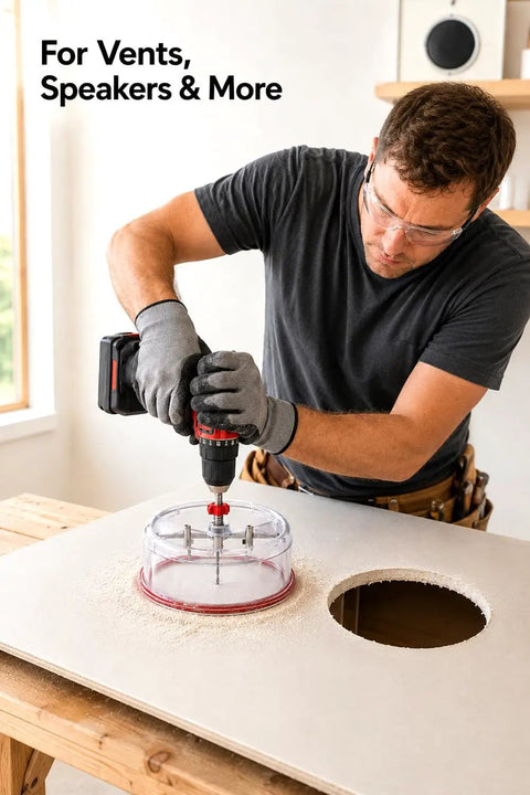 Man using Heavy Duty Adjustable Hole Saw Cutter Kit Twin Blade Drywall Tool for creating holes in drywall.