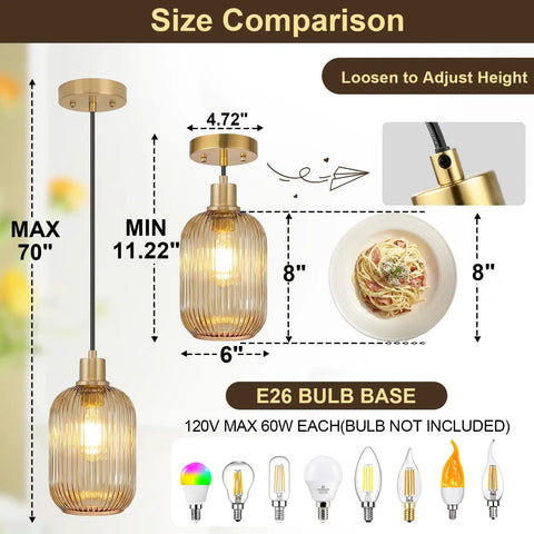 Size comparison of Two Pack Top Tier Amber Cylinder Pendant Lights With Vintage Ribbed Hand Blown Glass And Brushed Gold Adjustable Fixtures.