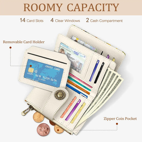 Open Floral Bee Small Wallet For Women With RFID Blocking Bifold Card Holder, showing card slots, ID windows, and coin pocket