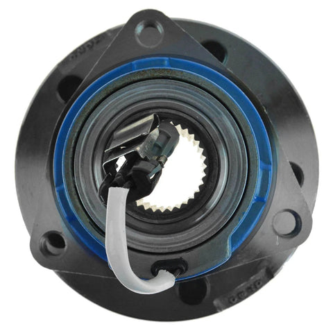 Front view of front and rear wheel hub and bearing assembly pair for Chevy vehicles with 34mm axle nut socket included OE replacement