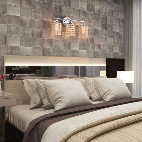 3 Light Crystal Vanity Sconce Over Mirror With Nickel Finish for bedroom decor, featuring glam drops and chrome silver shades
