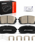 Rock Solid Front Ceramic Brake Pads Compatible With Hyundai Kia 2 Pack with mounting hardware and detailed images.