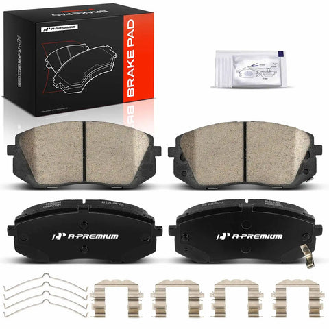 Rock Solid Front Ceramic Brake Pads Compatible With Hyundai Kia 2 Pack with mounting hardware and detailed images.