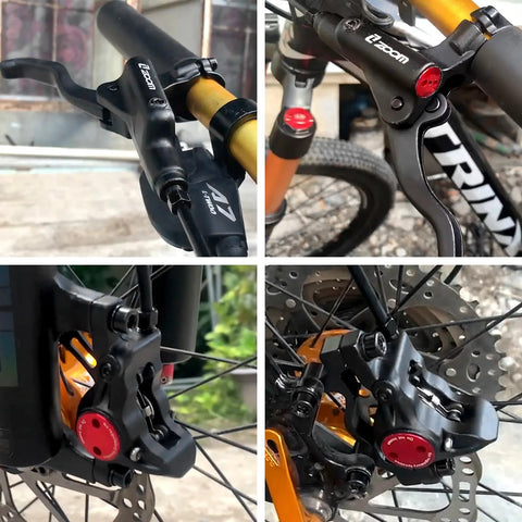 Z00M HB875E eBike hydraulic disc brake set with 180mm rotors, pre-bled with mineral oil; black calipers with red knobs.