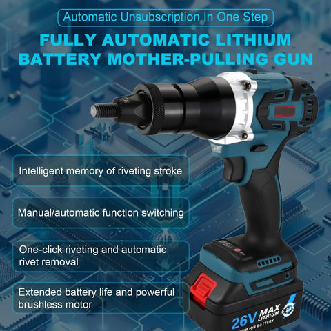 No Strings Attached Cordless Rivet Gun Set With 5.2 Ah Rechargeable Battery And Quick Charger, side view of automatic lithium battery rivet gun.