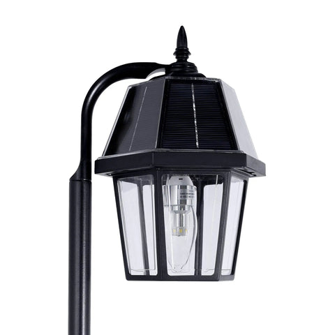 Black Solar Garden Light With Shepherd Hook Outdoor Pathway Lamp Resin Acrylic Body And Cast Aluminum Post 21 Inch Tall Bright 80 Lumens Weatherproof And No Fuss Setup For Walkways Gardens And Yard Decor.