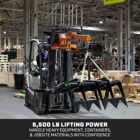 Built Tough Fork Mounted Telescoping Jib Boom Crane With 5500 LB Lifting Power And Sweet 31 To 79 Inch Reach Makes Skid Steer Conversions No Sweat On Any Job Site