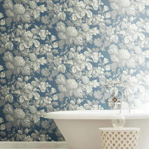 French Antique Floral Removable Wallpaper In Wedgwood Blue Gray And White, Double Roll Set Delivering 56 Sq Ft, Prepasted, bathroom view