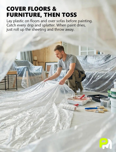 Massive Ultra Clear Painter Plastic Roll 9 By 400 Feet 0.31 Mil HDPE Sheeting With Hassle Free Dispenser Box for covering floors during painting.