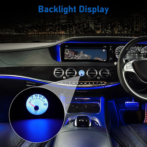 Automotive oil pressure gauge, 2-inch (52mm), blue backlit dial, 0–100 PSI, installed in car dashboard.