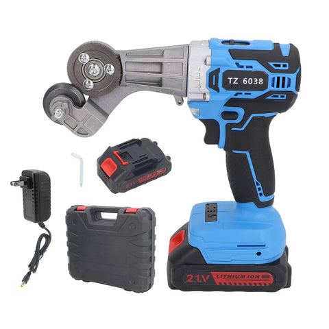 Jauarta 21V Cordless Electric Metal Shear With Rechargeable Battery Rotating Head And Led Light For Cutting Iron Sheet Aluminum Two Speed High Performance Power Tool With U S Plug, showing cutter and battery.