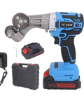 Heavy Duty 21V Cordless Electric Metal Shears With 360 Degree Swivel Head, featuring rotating blade, battery, charger, and carrying case.
