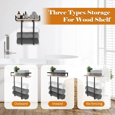 Wall Mounted Towel Rack With Wooden Shelf For Folding Large Towels Metal Towel Holder Perfect For Small Bathrooms Apartments RVs And Campers Space Saving Bathroom Organizer Decor For Any Wall, showcasing different wood shelf storage types.