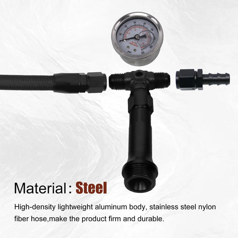 Holley 4150 Compatible Dual Feed AN6 Braided Fuel Line Kit with 0-160 Psi Vacuum Gauge showing aluminum and steel materials.