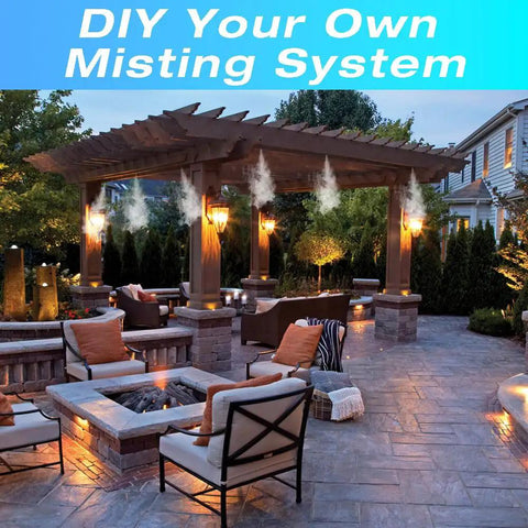 Backyard patio with pergola using 1/2 Inch PVC Mist Nozzle Kit For Patio Cooling, Outdoor Mister System, nighttime view.