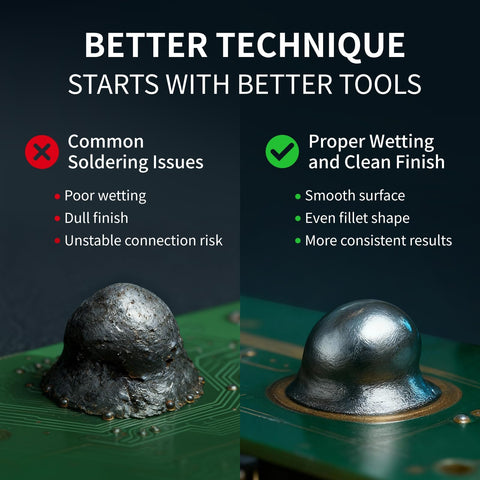 Comparison of soldering results using 60W Soldering Station With Fast Heat Iron, showing common issues vs. proper wetting and finish