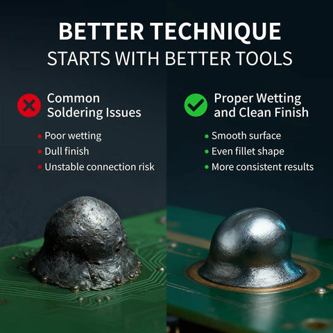 Comparison of common soldering issues and clean finish using 120W Soldering Gun Kit With 110V Power Six Level Adjustable Temperature